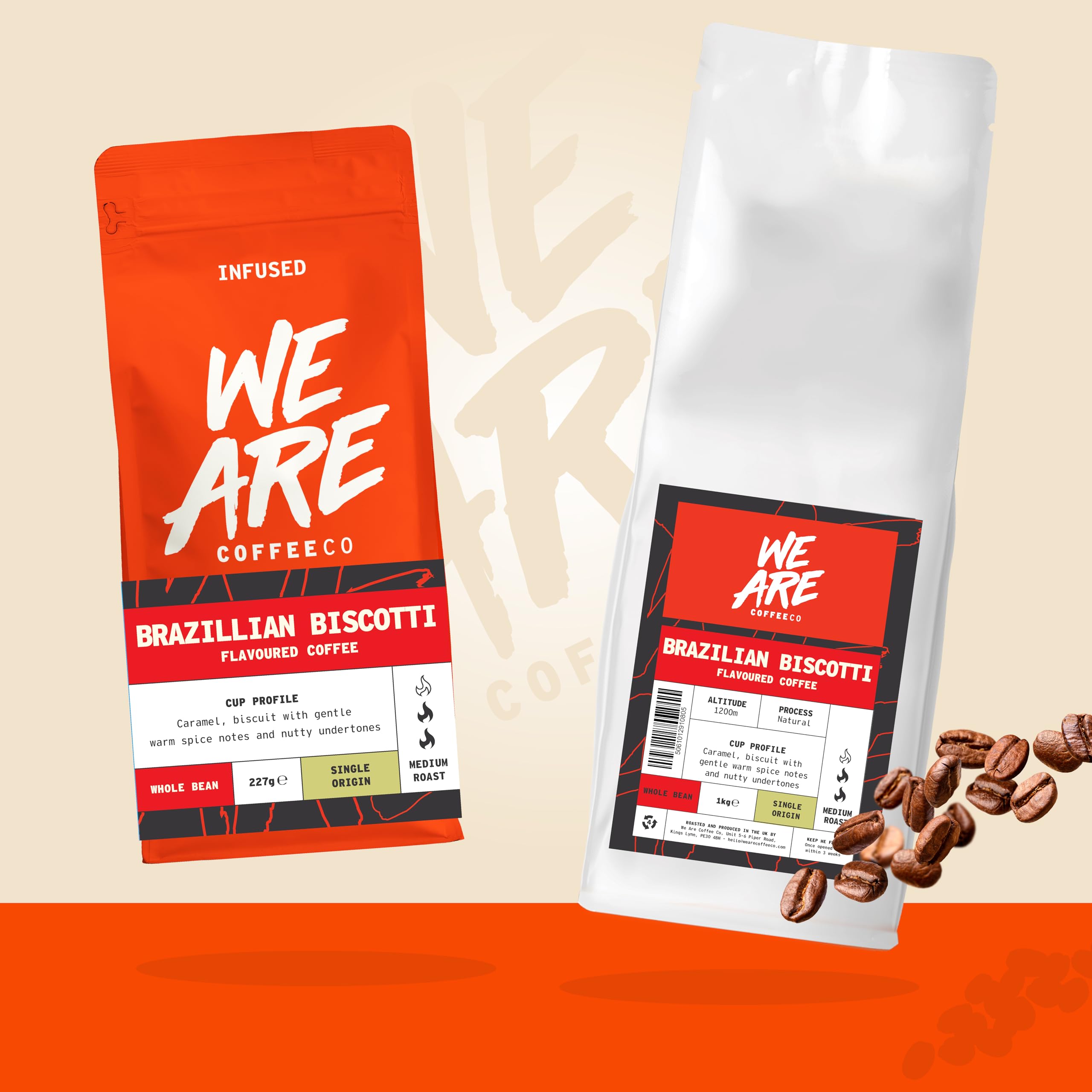 We Are Coffee Co - Brazilian Biscotti Flavour Infused Coffee Beans | Single Origin Arabica | Whole Bean 227g | Medium Roast | Flavoured | Freshly Roasted in the UK