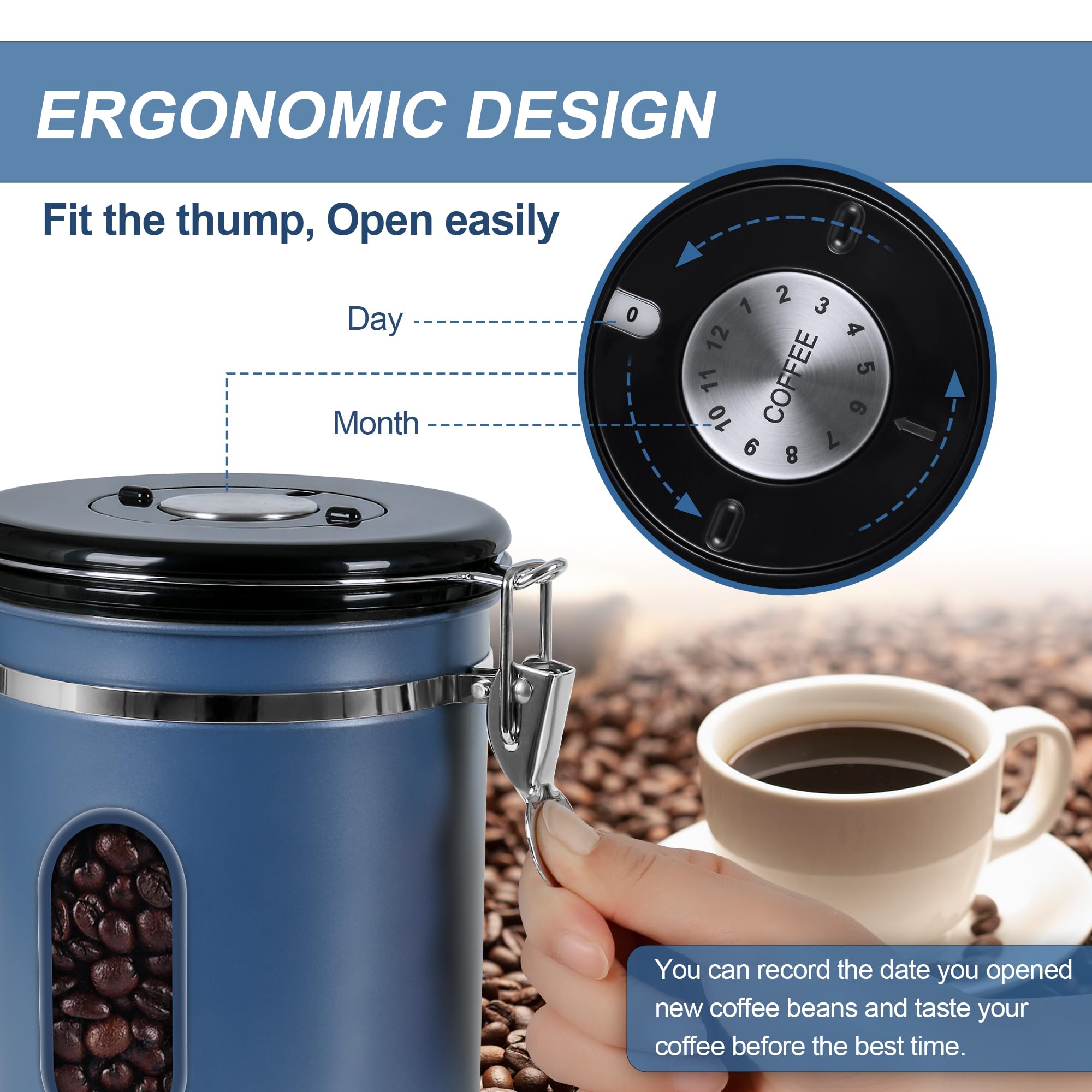 1800ML Airtight Coffee Canister with Date Tracker Transparent Window, 22.8OZ Coffe Beans Storage with 30ML Measure Spoon&4 co2 Valve, Kitchen Food Storage Container for Grounds Coffee,Beans&Tea(Black)