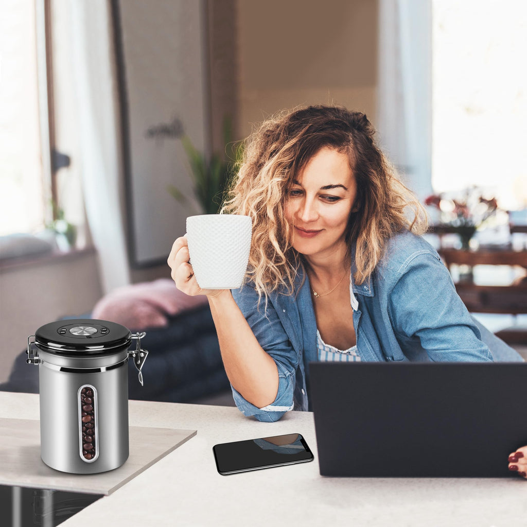 1800ML Airtight Coffee Canister with Date Tracker Transparent Window, 22.8OZ Coffe Beans Storage with 30ML Measure Spoon&4 co2 Valve, Kitchen Food Storage Container for Grounds Coffee,Beans&Tea(Black)