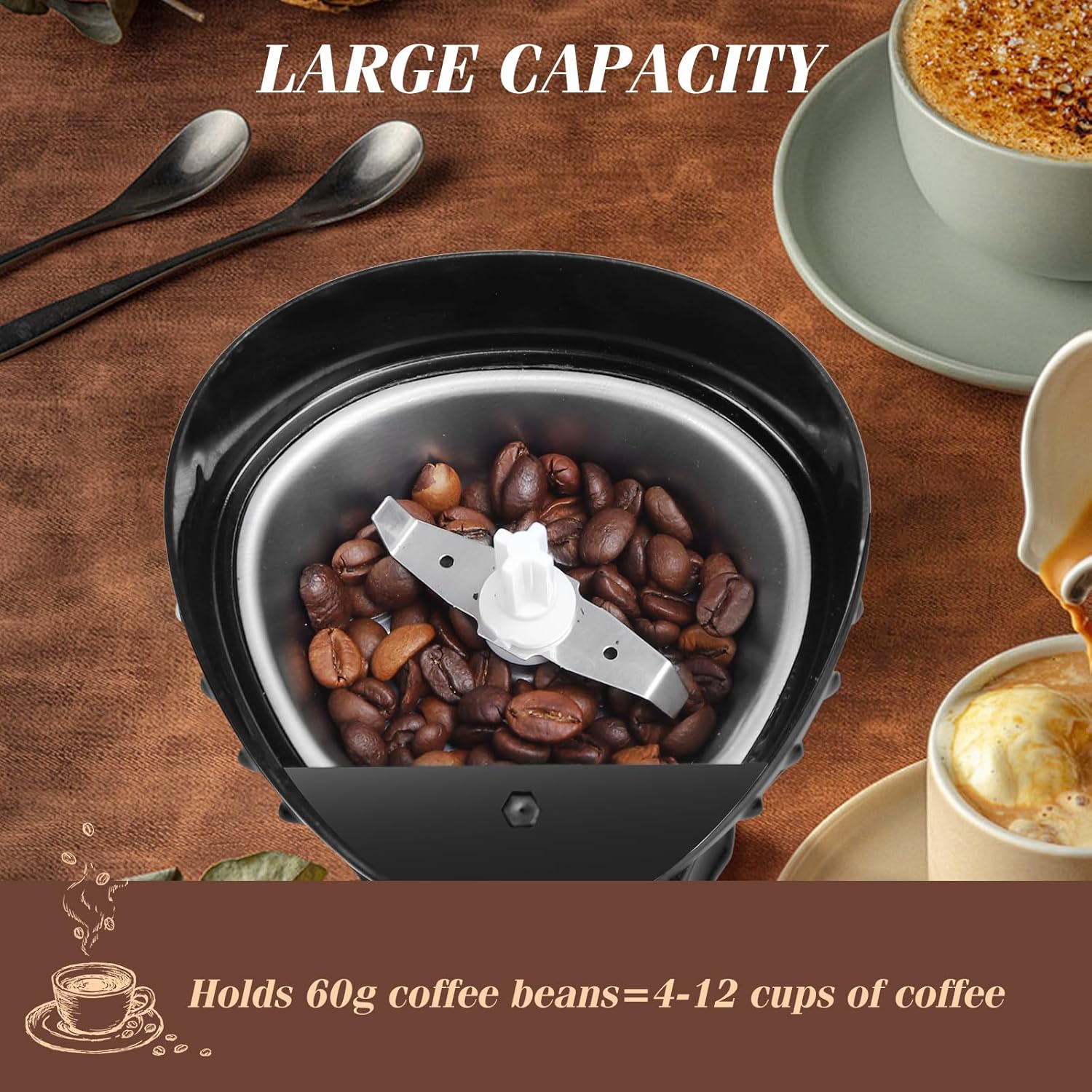 Aigostar Electric Coffee Grinder, Stainless Steel Blade, 200W, 60g Capacity, Cord Storage, Portable & Compact for Coffee Beans, Spice, Nuts, Seeds, Herbs, Black - Breath 30KYI.