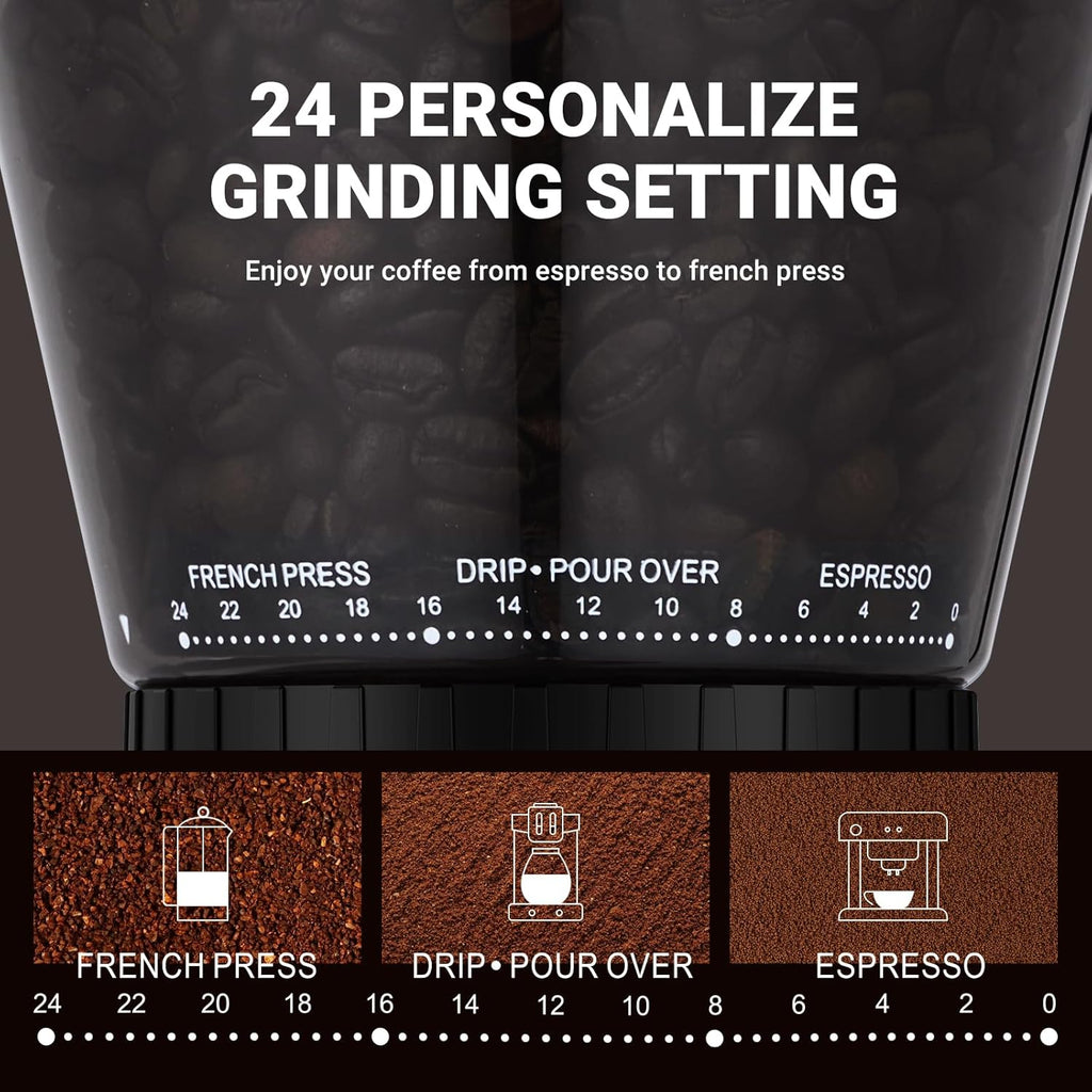 AMZCHEF Electric-Coffee-Grinder, Burr Coffee Grinder with 45 Precise Grind Settings, Adjustable Portafilter Holder & LED Touchscreen - Anti-Static, Memory Function, Easy Clean