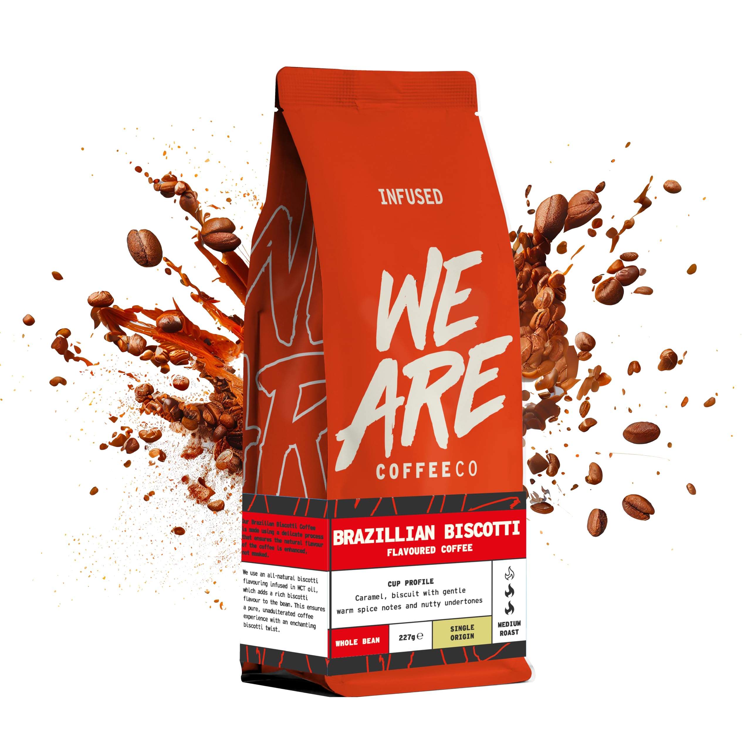 We Are Coffee Co - Brazilian Biscotti Flavour Infused Coffee Beans | Single Origin Arabica | Whole Bean 227g | Medium Roast | Flavoured | Freshly Roasted in the UK