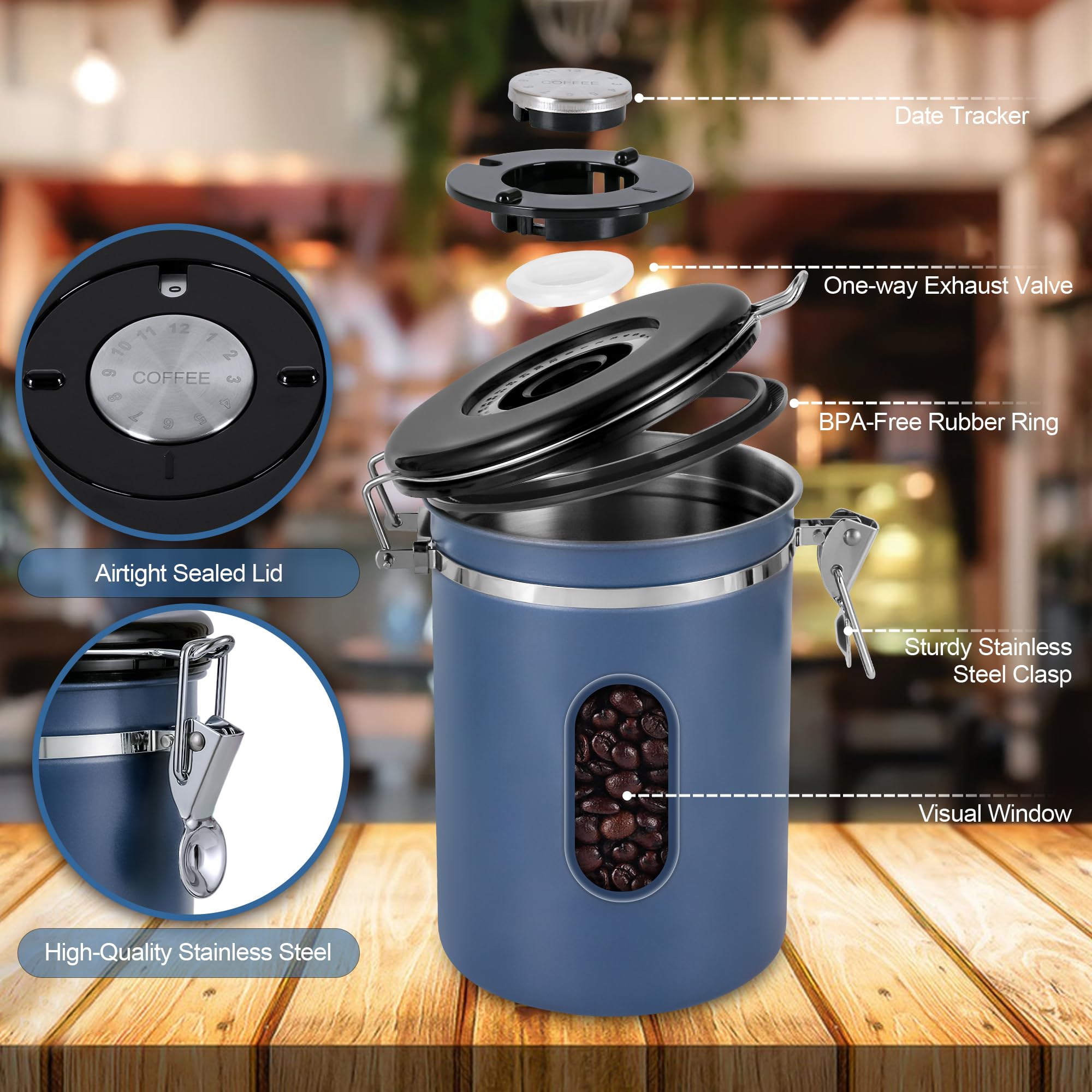 1800ML Airtight Coffee Canister with Date Tracker Transparent Window, 22.8OZ Coffe Beans Storage with 30ML Measure Spoon&4 co2 Valve, Kitchen Food Storage Container for Grounds Coffee,Beans&Tea(Black)