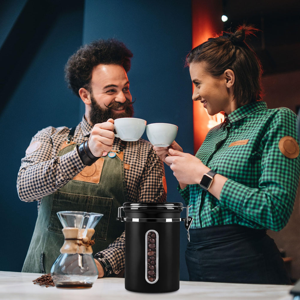 1800ML Airtight Coffee Canister with Date Tracker Transparent Window, 22.8OZ Coffe Beans Storage with 30ML Measure Spoon&4 co2 Valve, Kitchen Food Storage Container for Grounds Coffee,Beans&Tea(Black)