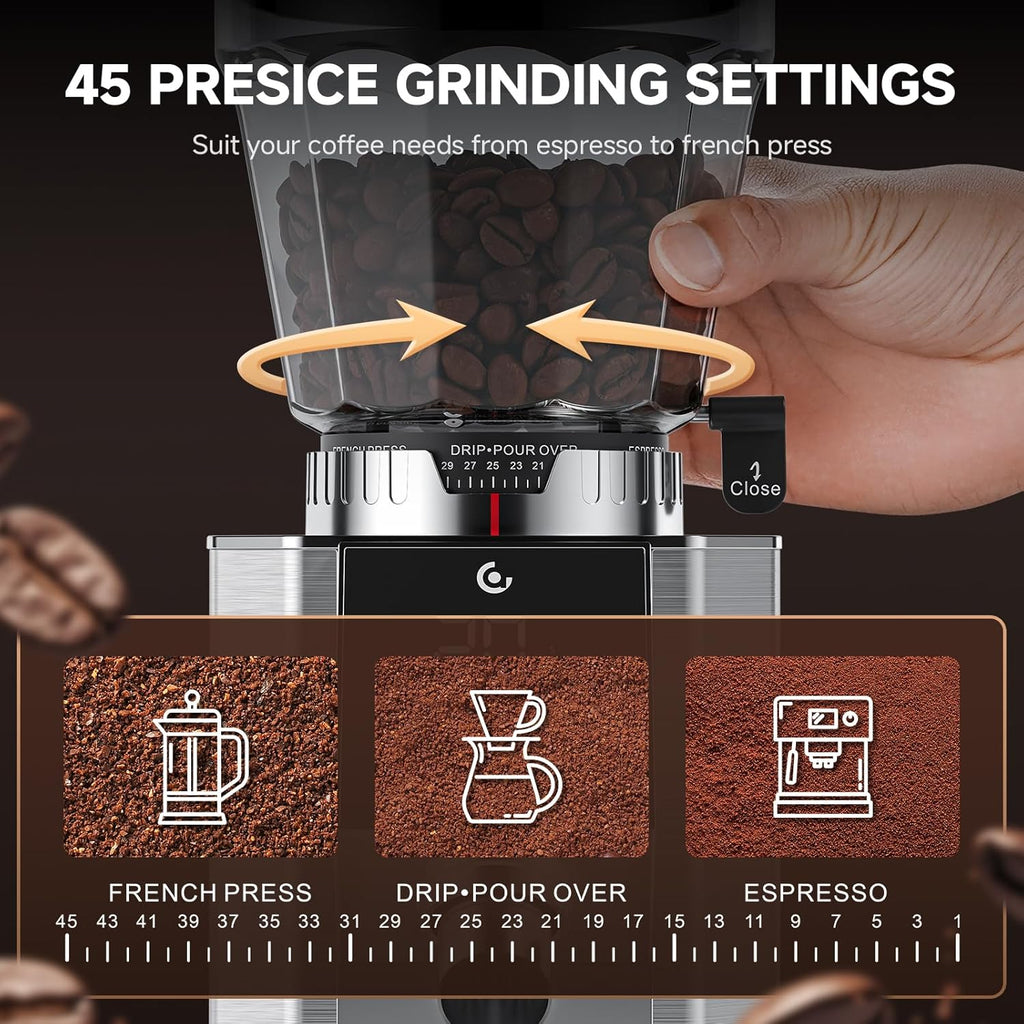 AMZCHEF Electric-Coffee-Grinder, Burr Coffee Grinder with 45 Precise Grind Settings, Adjustable Portafilter Holder & LED Touchscreen - Anti-Static, Memory Function, Easy Clean