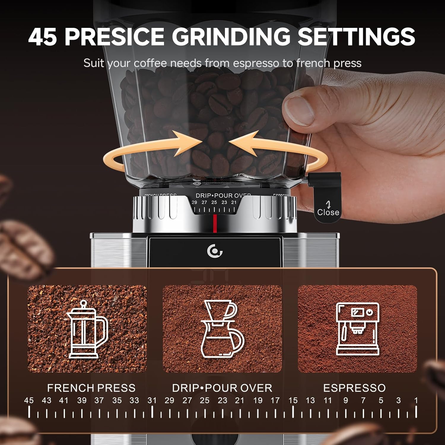 AMZCHEF Electric-Coffee-Grinder, Burr Coffee Grinder with 45 Precise Grind Settings, Adjustable Portafilter Holder & LED Touchscreen - Anti-Static, Memory Function, Easy Clean