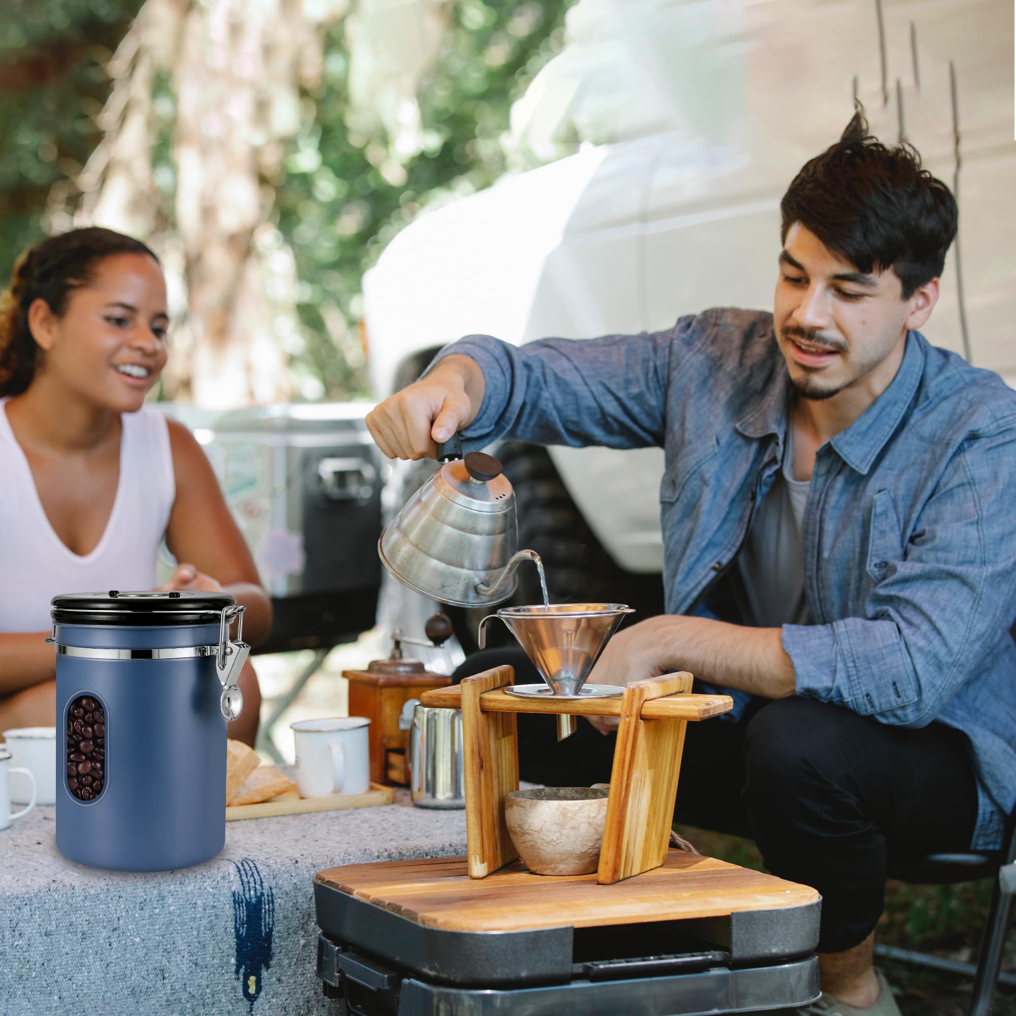 1800ML Airtight Coffee Canister with Date Tracker Transparent Window, 22.8OZ Coffe Beans Storage with 30ML Measure Spoon&4 co2 Valve, Kitchen Food Storage Container for Grounds Coffee,Beans&Tea(Black)