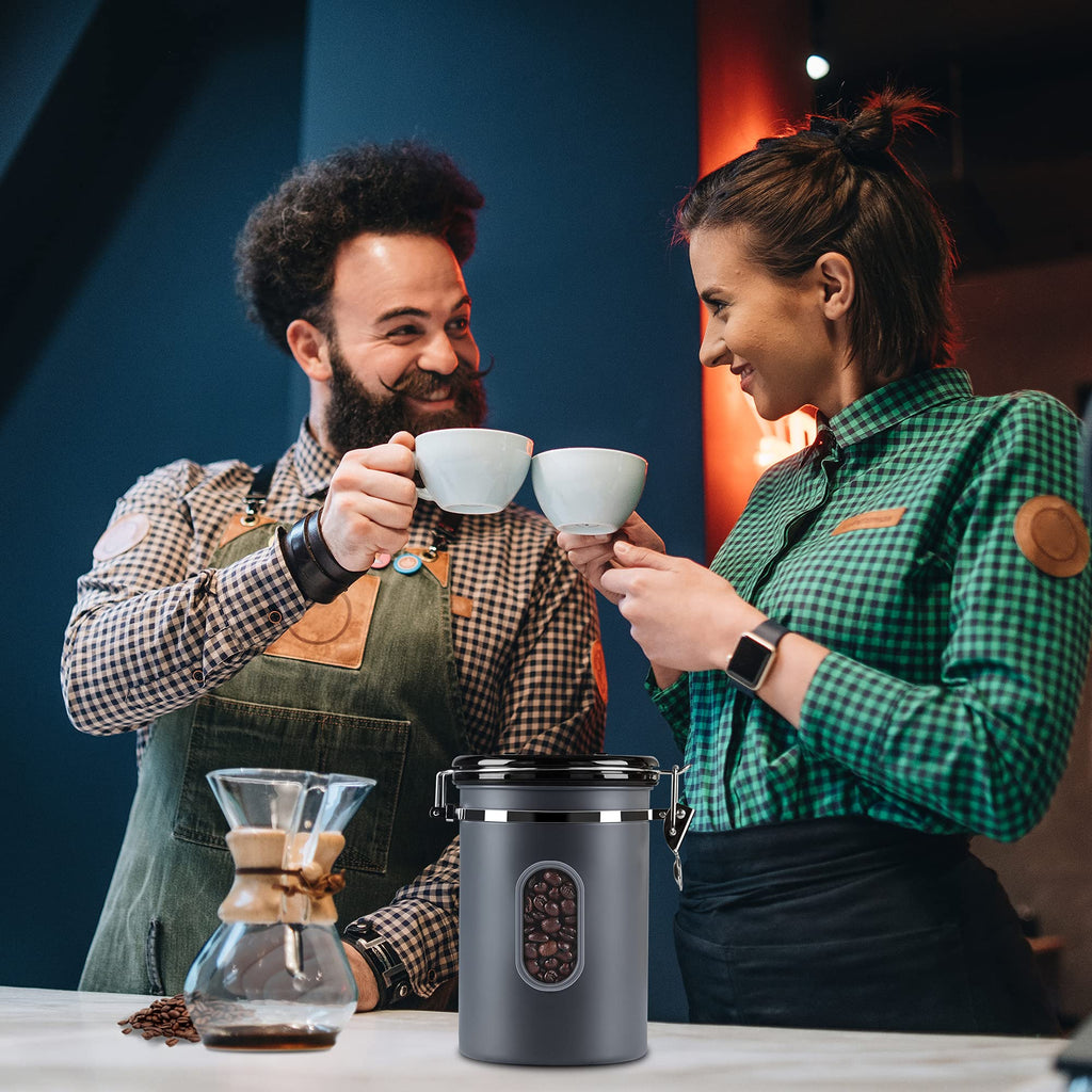 1800ML Airtight Coffee Canister with Date Tracker Transparent Window, 22.8OZ Coffe Beans Storage with 30ML Measure Spoon&4 co2 Valve, Kitchen Food Storage Container for Grounds Coffee,Beans&Tea(Black)