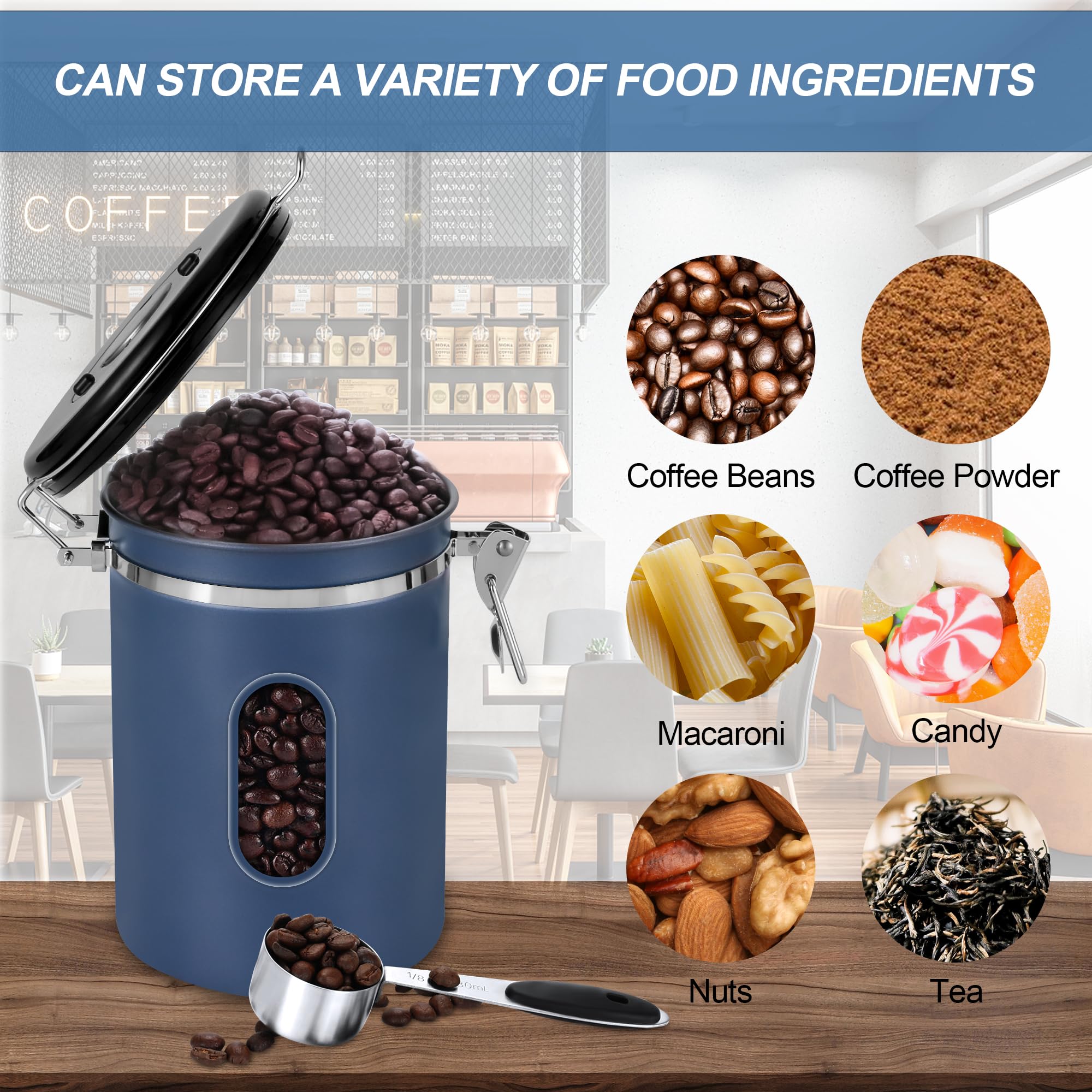 1800ML Airtight Coffee Canister with Date Tracker Transparent Window, 22.8OZ Coffe Beans Storage with 30ML Measure Spoon&4 co2 Valve, Kitchen Food Storage Container for Grounds Coffee,Beans&Tea(Black)